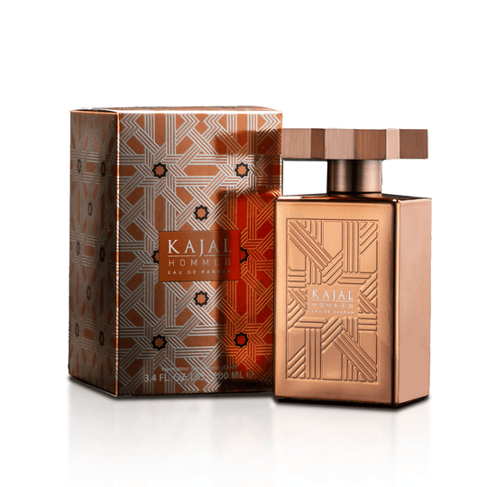 Kajal Homme II Eau de Parfum 100mL — original copper bottle and matching retail box photograph from Faces
