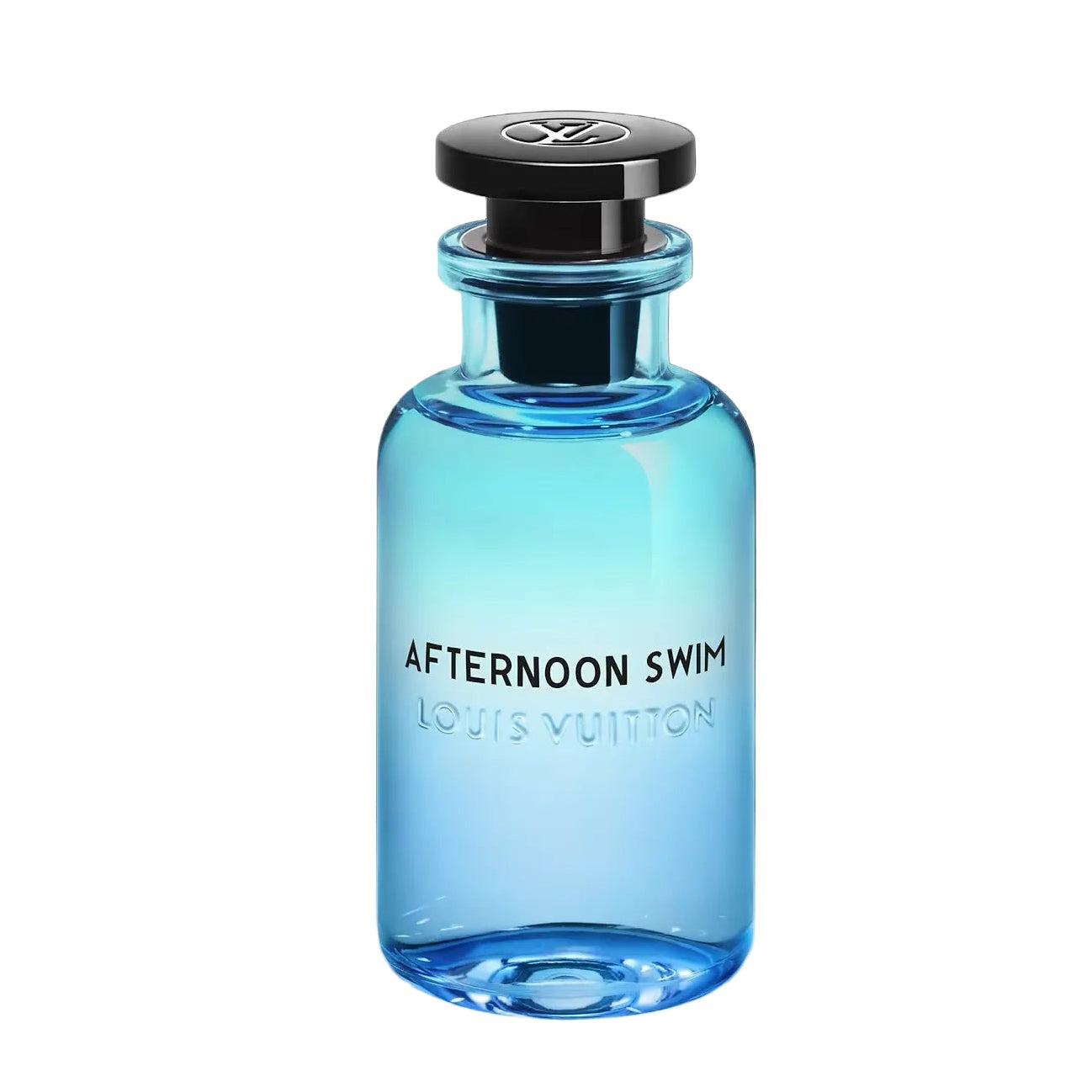 Blue perfume bottle labeled 'Afternoon Swim' by Louis Vuitton on a black background