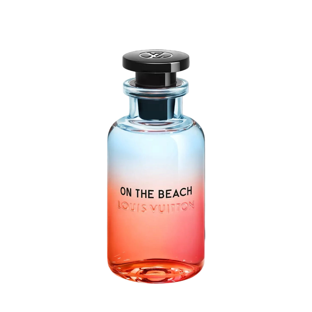 Louis Vuitton 'On the Beach' perfume bottle with gradient design on a black background
