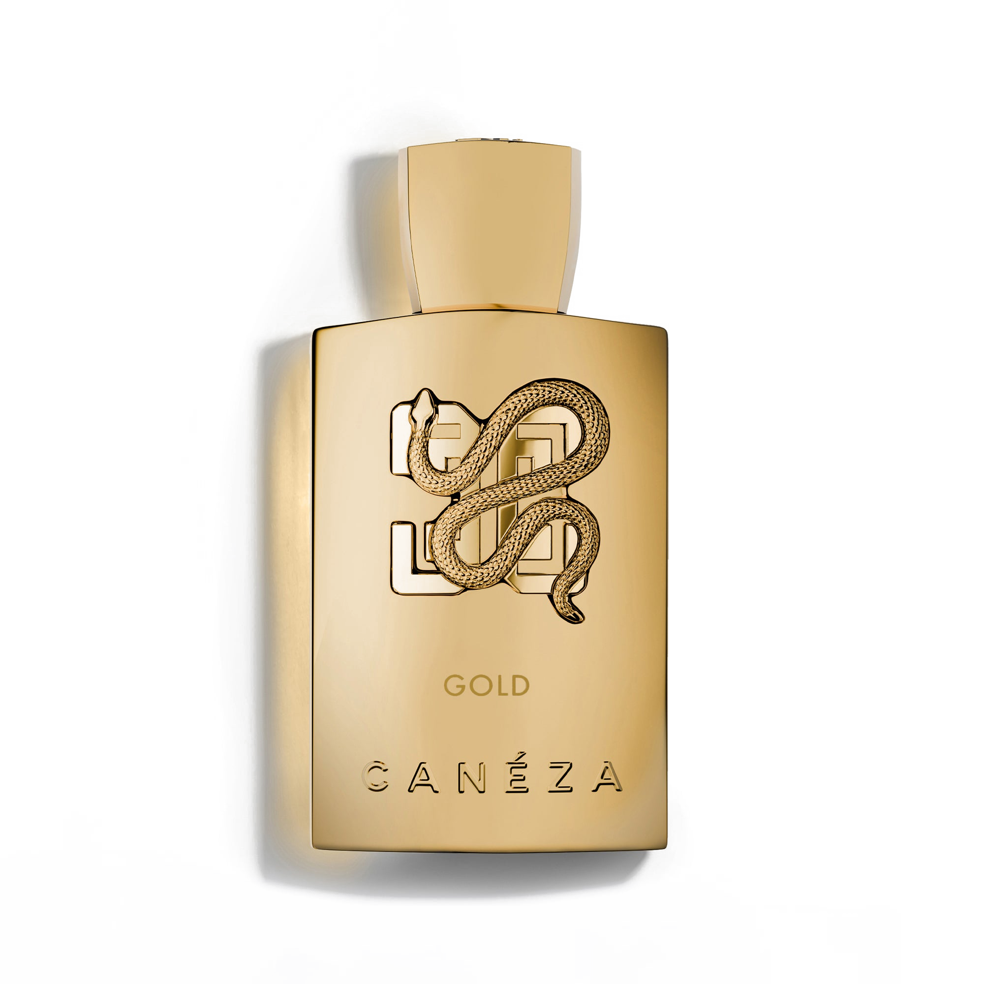 Gold EDP bottle on white background