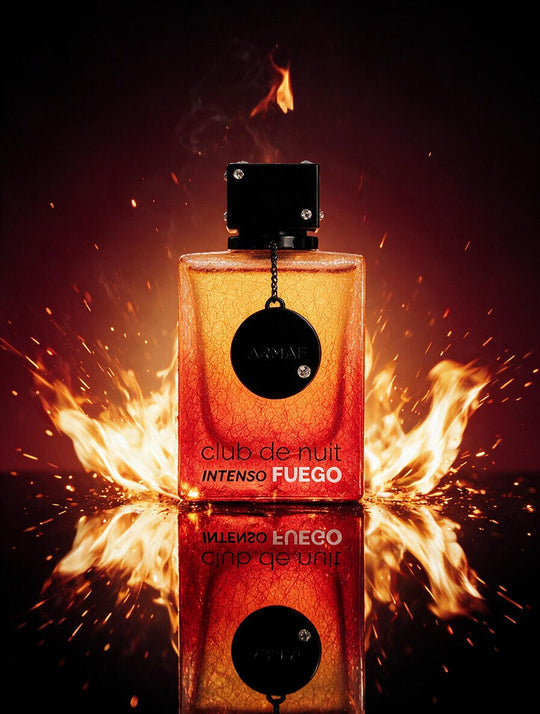 Armaf Club de Nuit Intenso Fuego EDP campaign - bottle surrounded by flames