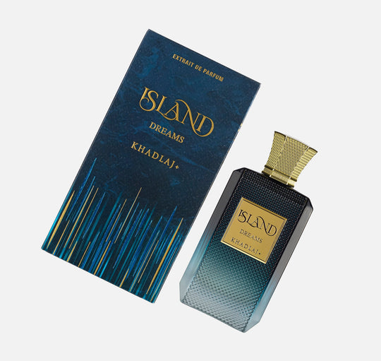 Khadlaj Island Dreams Extrait de Parfum bottle with box angled view