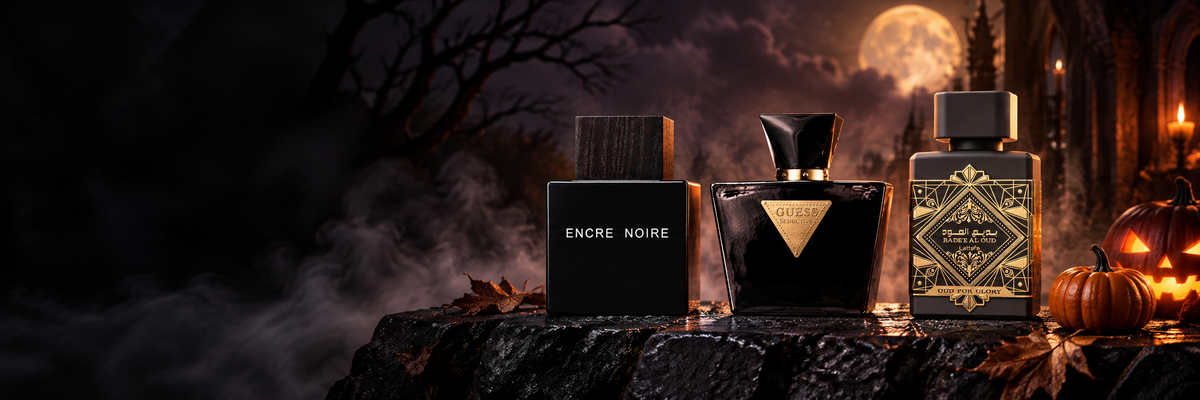 Halloween fragrance selection featuring Lalique Encre Noire, Guess Seductive Noir and Lattafa Oud for Glory