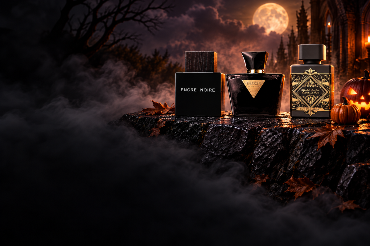 Mobile Halloween banner featuring Encre Noire, Guess Seductive Noir and Oud for Glory